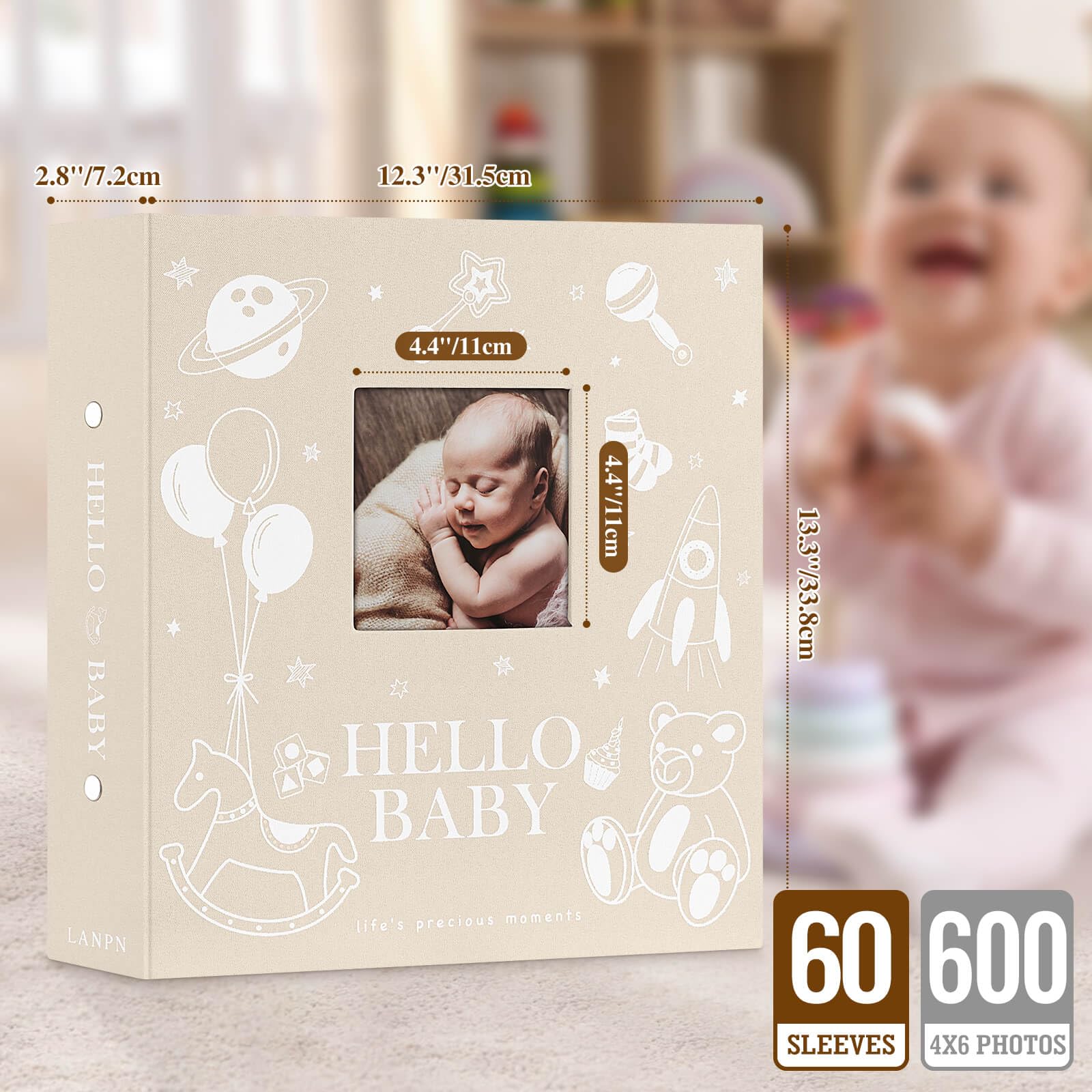 Lanpn baby photo album window design allows photo swaps for personal moments.