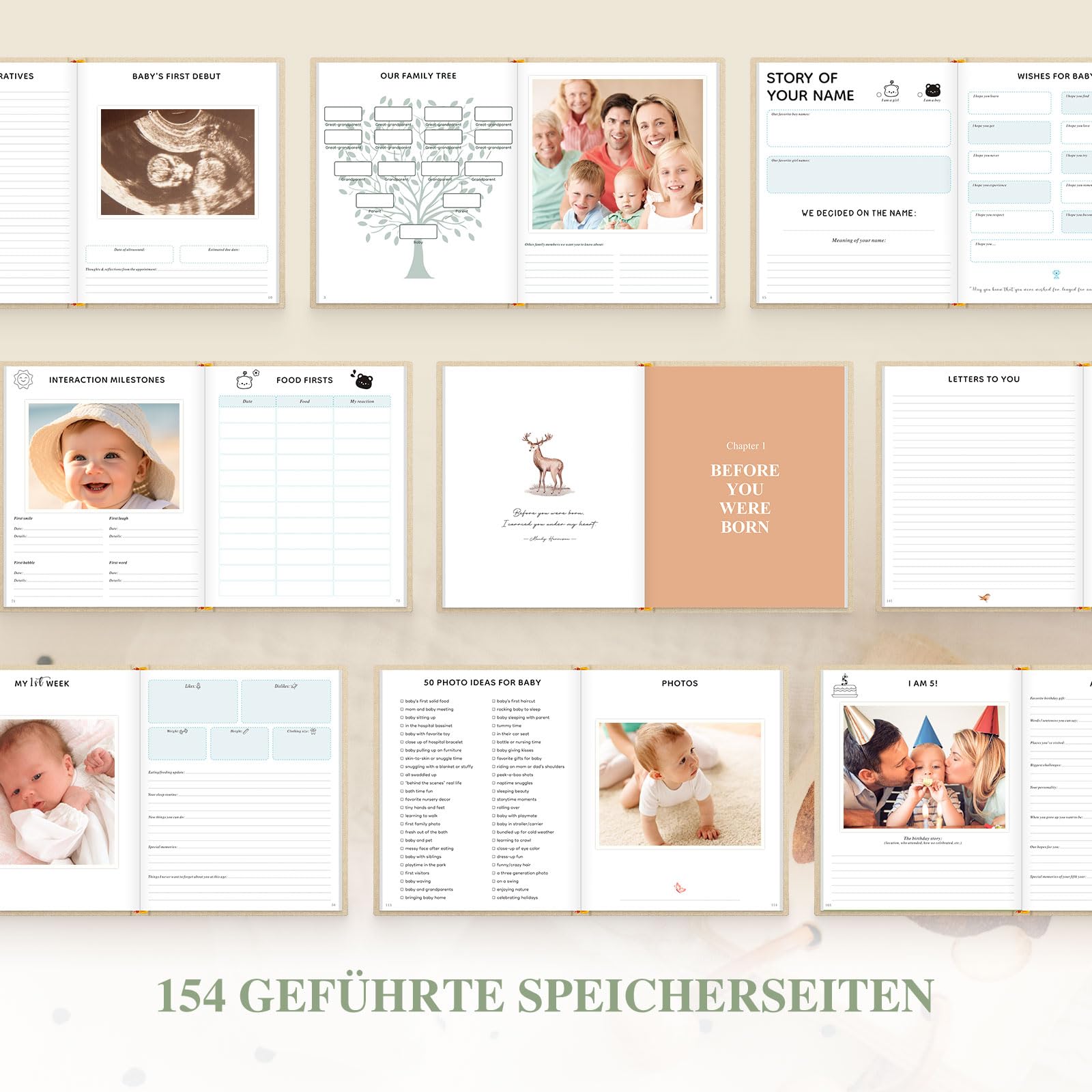 Lanpn Hello Baby 154-guided pages offer organized spaces for firsts and notes.