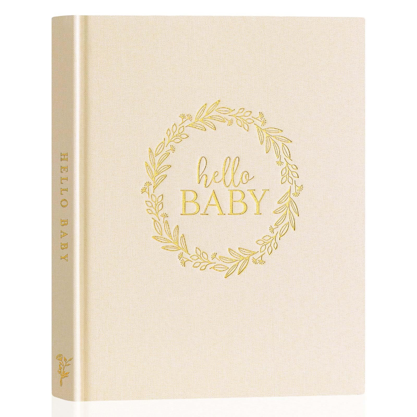 Lanpn Hello Baby memory book beige cover with gold foil—premium keepsake for cherished memories.