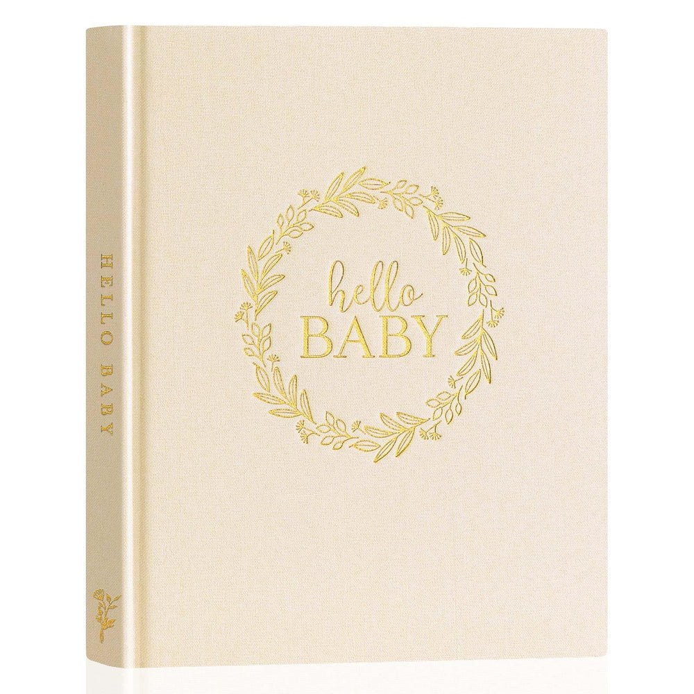 Lanpn Hello Baby memory book beige cover with gold foil—premium keepsake for cherished memories.