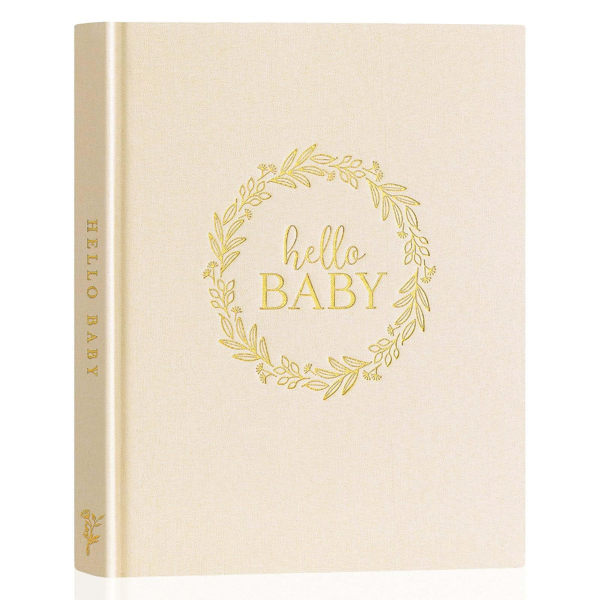 Lanpn Hello Baby memory book beige cover with gold foil—premium keepsake for cherished memories.