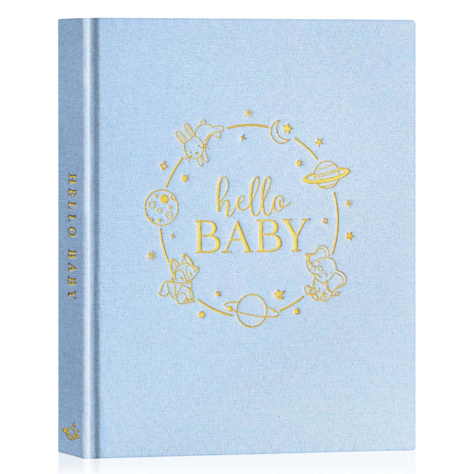 Lanpn Hello Baby Memory Book blue cover closeup, premium linen texture for lasting keepsakes.