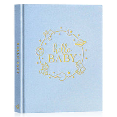 Lanpn Hello Baby Memory Book blue cover closeup, premium linen texture for lasting keepsakes.