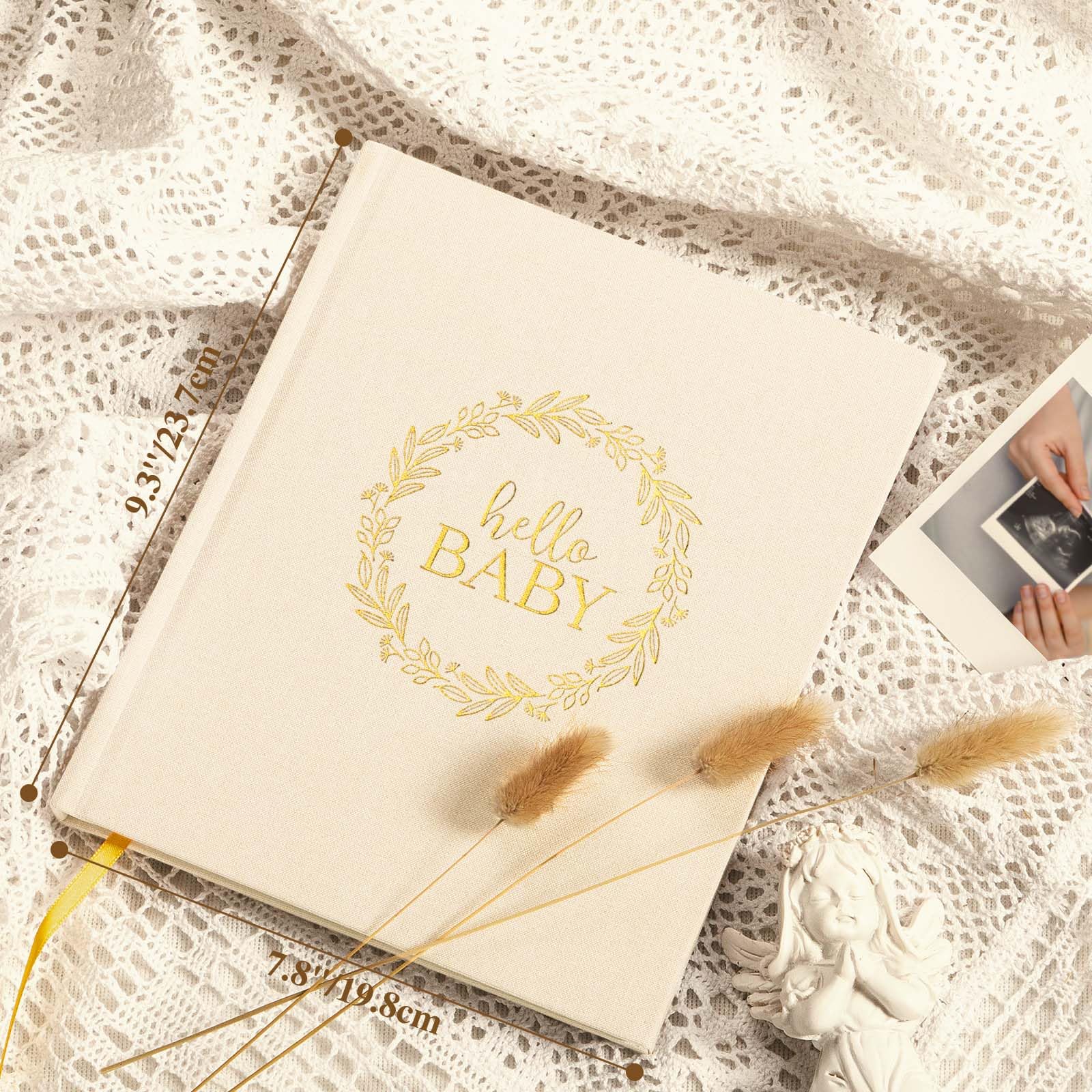 Lanpn Hello Baby memory book layout with linen pages—easy journaling for busy parents.