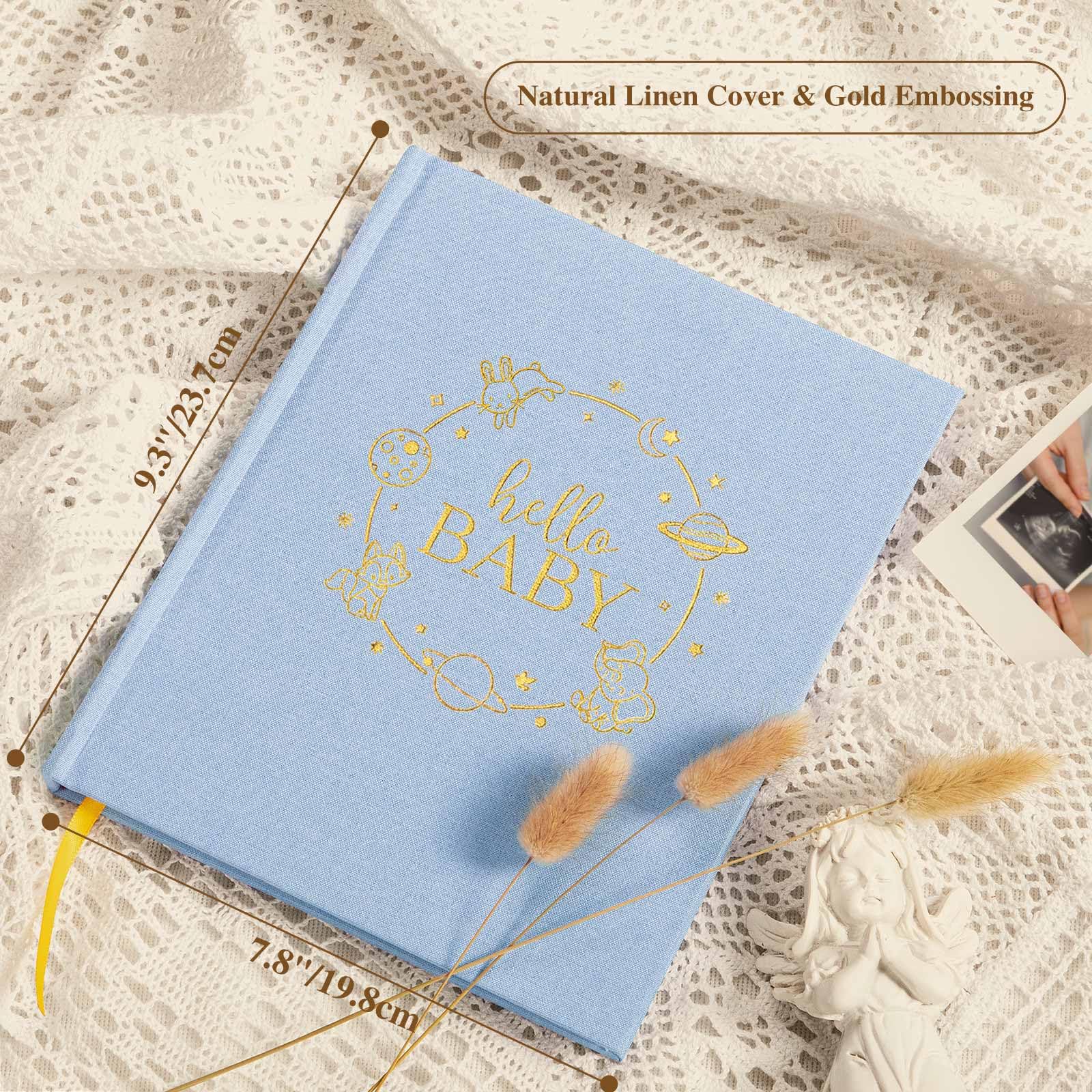 Lanpn Hello Baby Memory Book linen cover texture highlights durable design for daily storytelling.