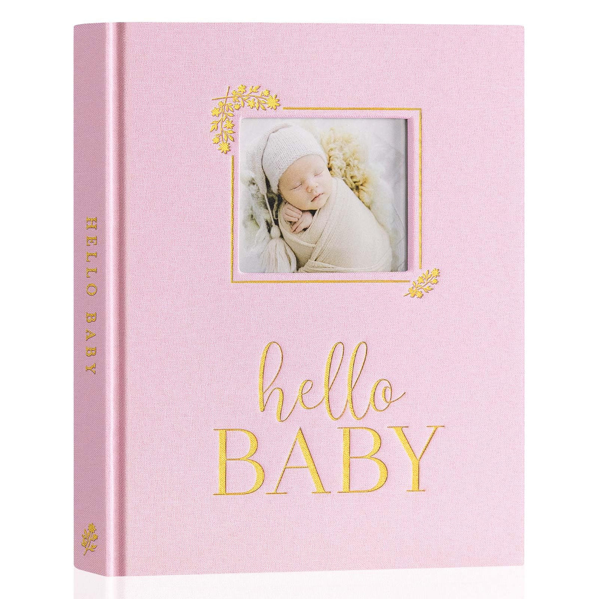 Lanpn Hello Baby Memory Book pink cover highlights premium linen texture for durable keepsakes.