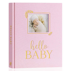 Lanpn Hello Baby Memory Book pink cover highlights premium linen texture for durable keepsakes.