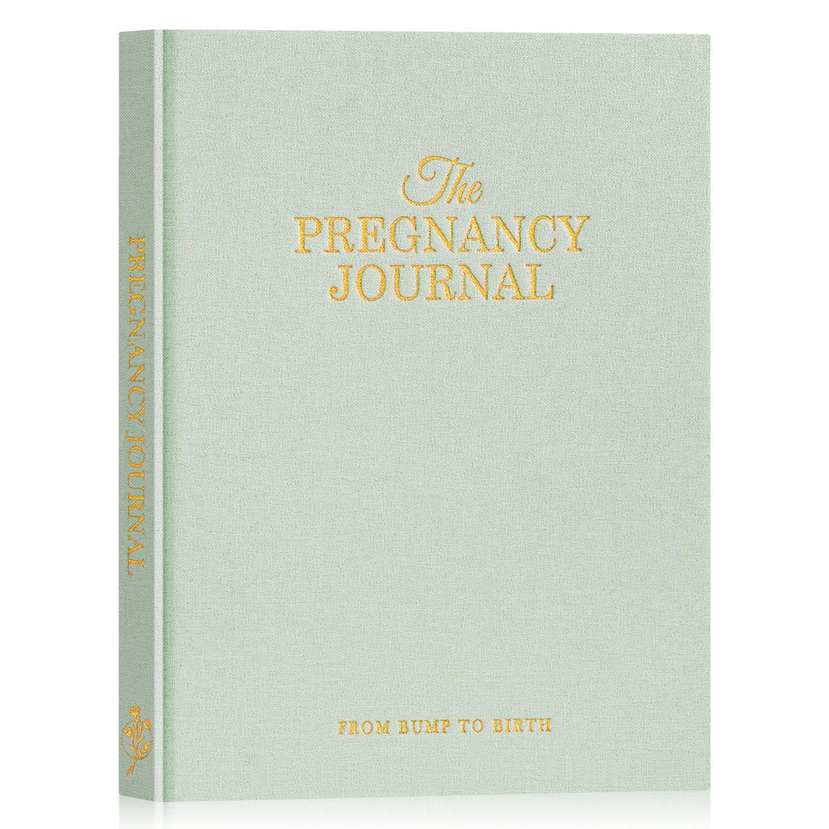 Lanpn pregnancy journal cover in sage green linen with gold foil for a premium keepsake