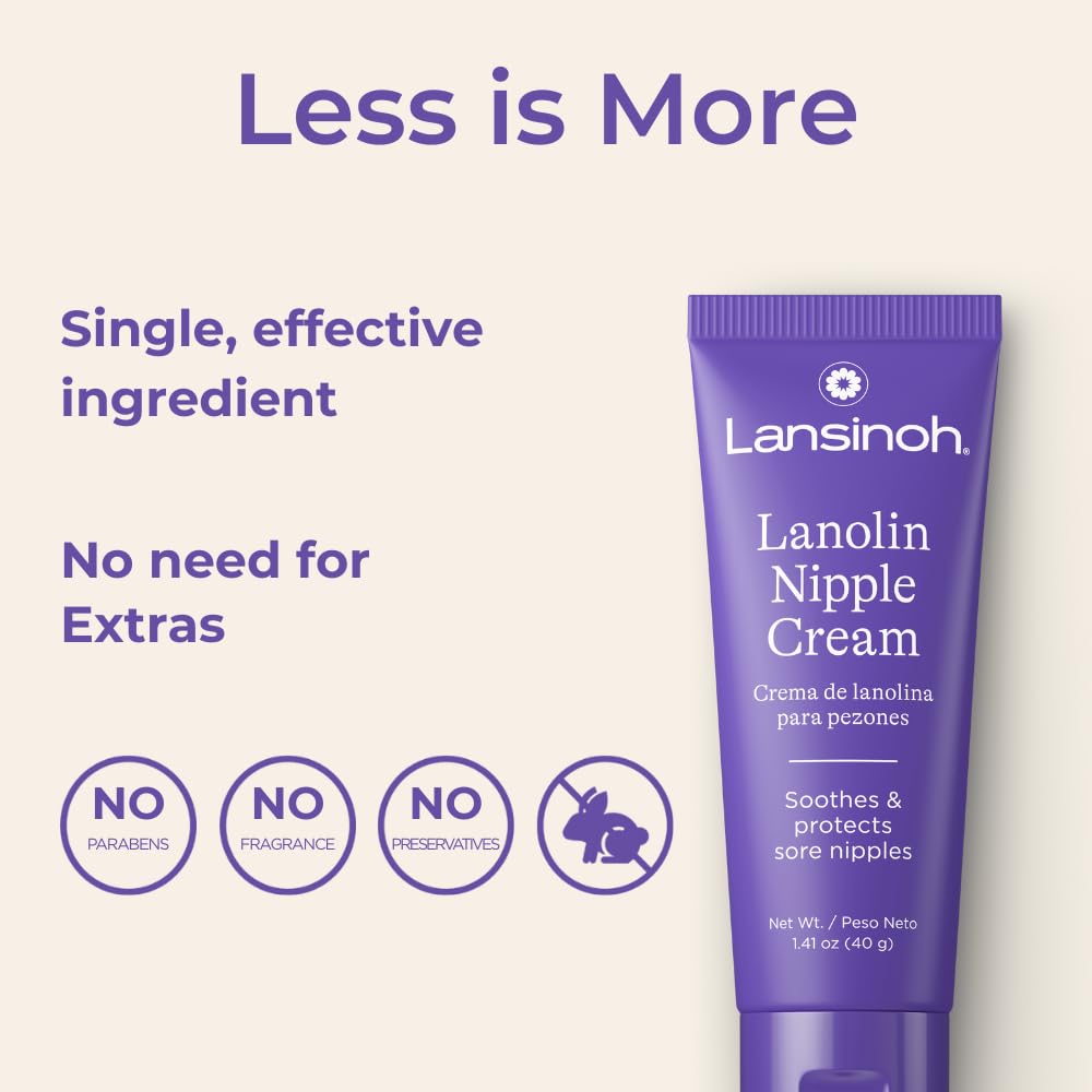 Packaging of Lansinoh Lanolin Nipple Cream highlighting natural formula.