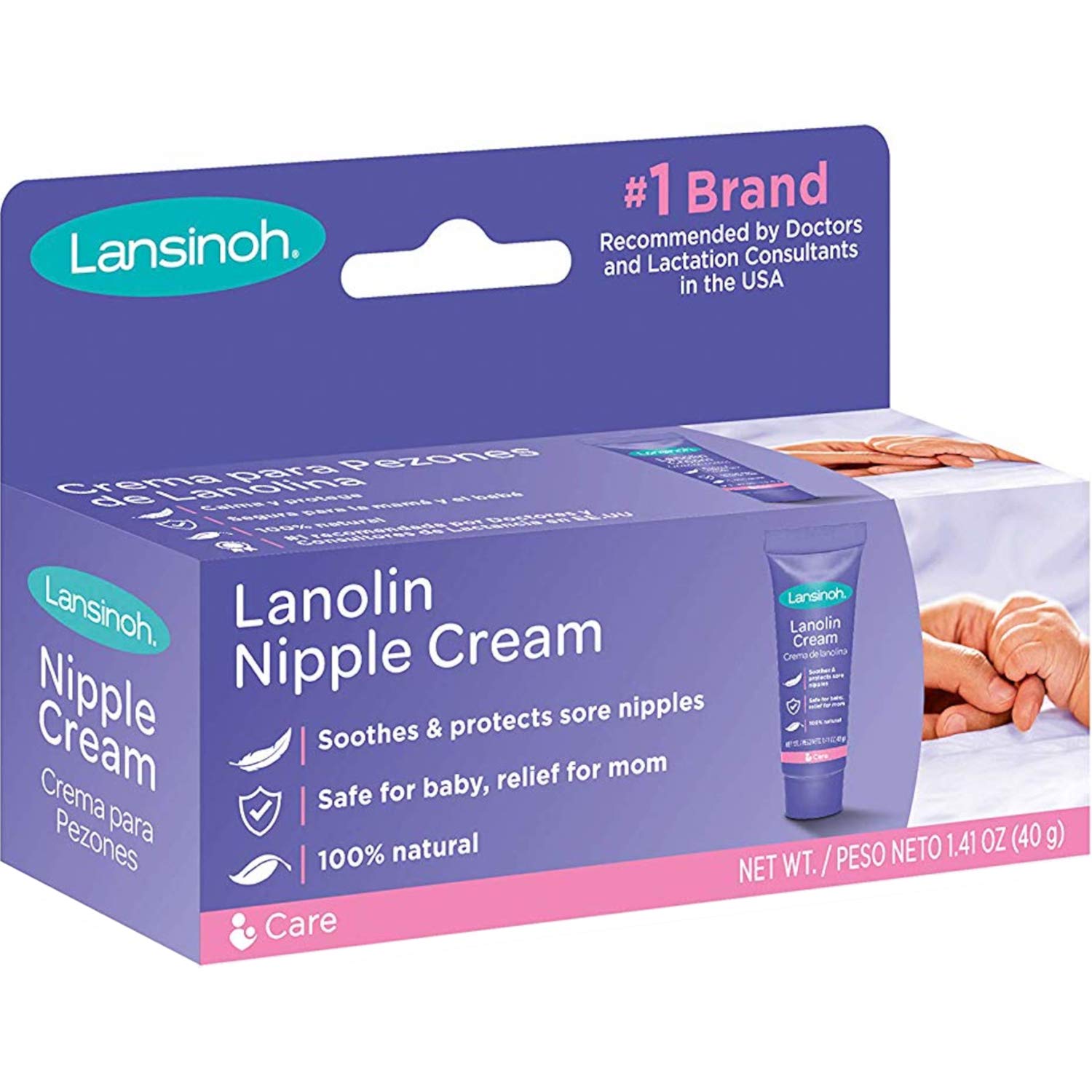 Lansinoh Nipple Cream front view of 4-pack shows soothing moisture for breastfeeding.