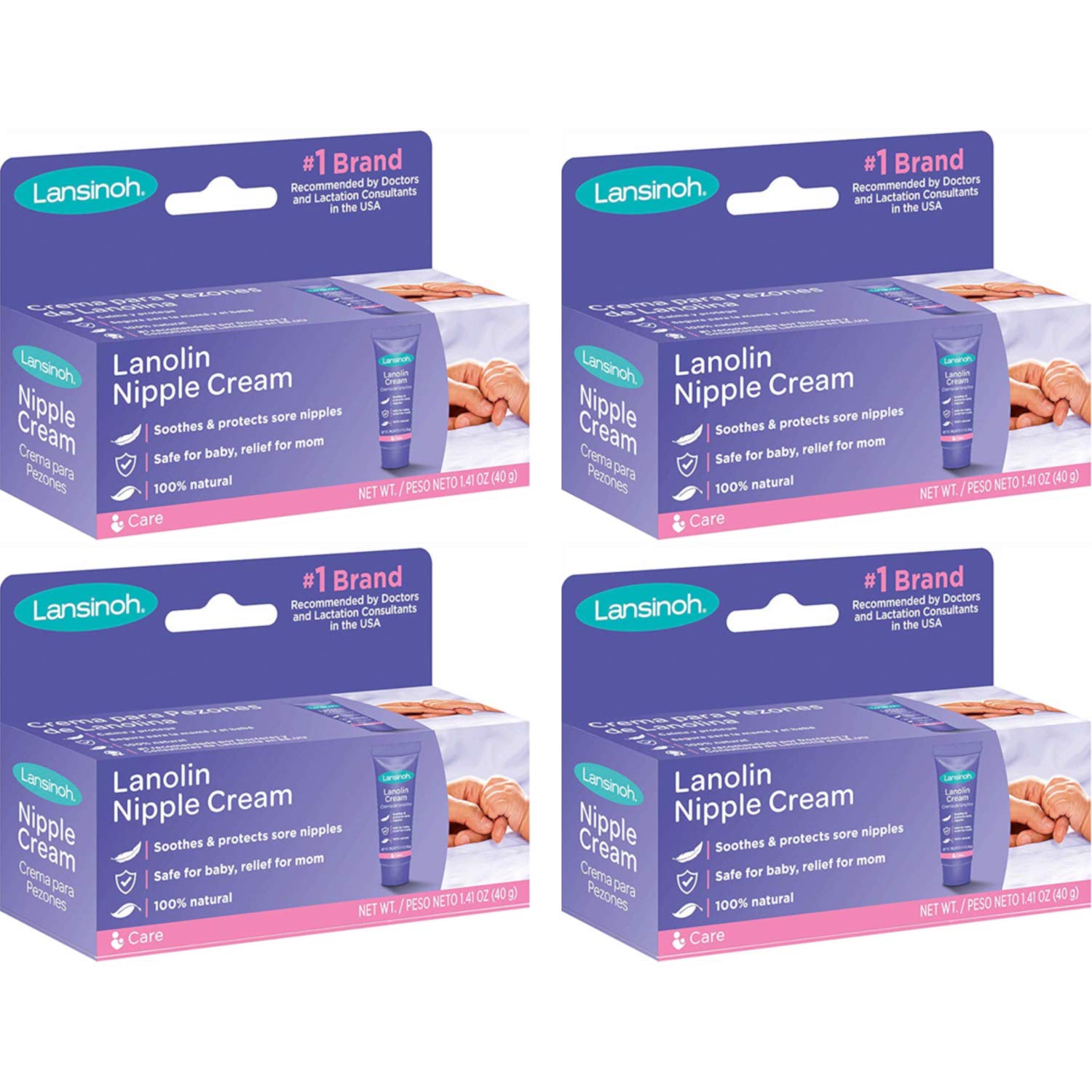 Lansinoh Nipple Cream packaging view highlights a convenient 4-pack for home and travel.