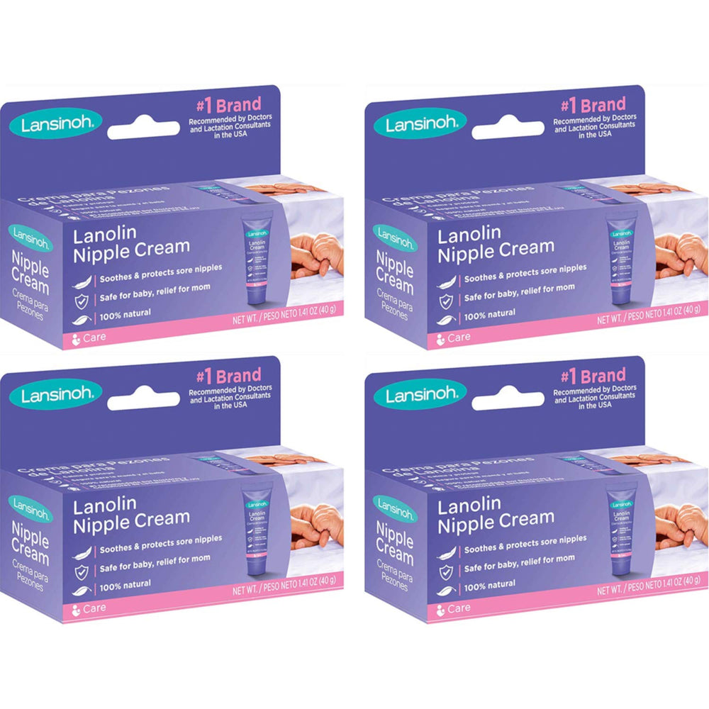 Lansinoh Nipple Cream packaging view highlights a convenient 4-pack for home and travel.