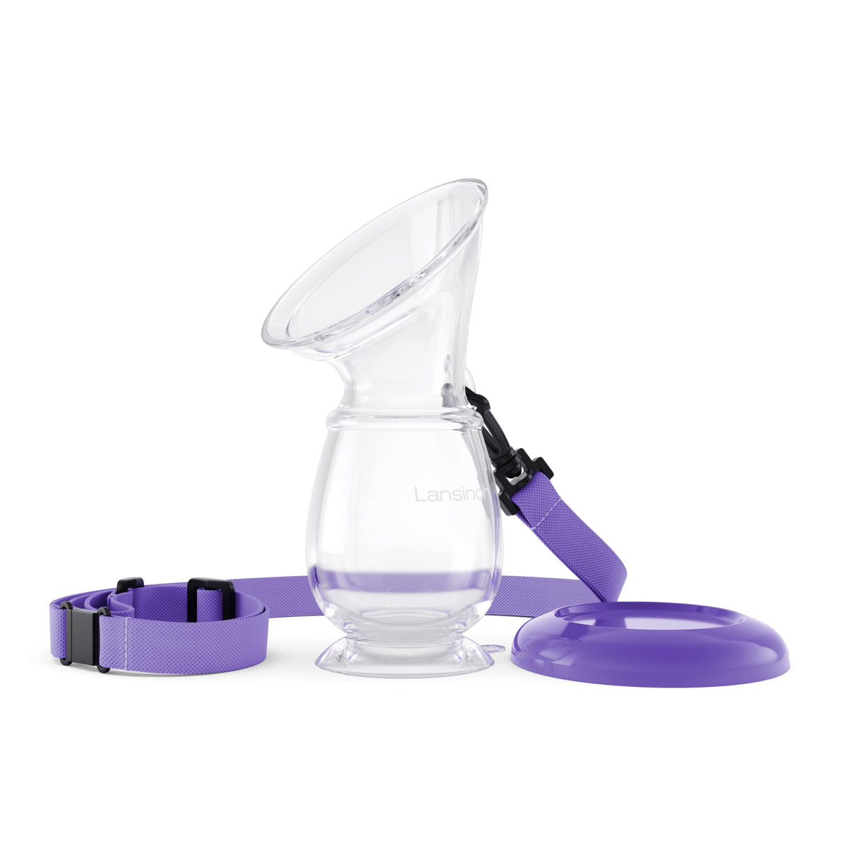 Lansinoh silicone milk collector attached to breast enables hands-free milk capture during feeding.