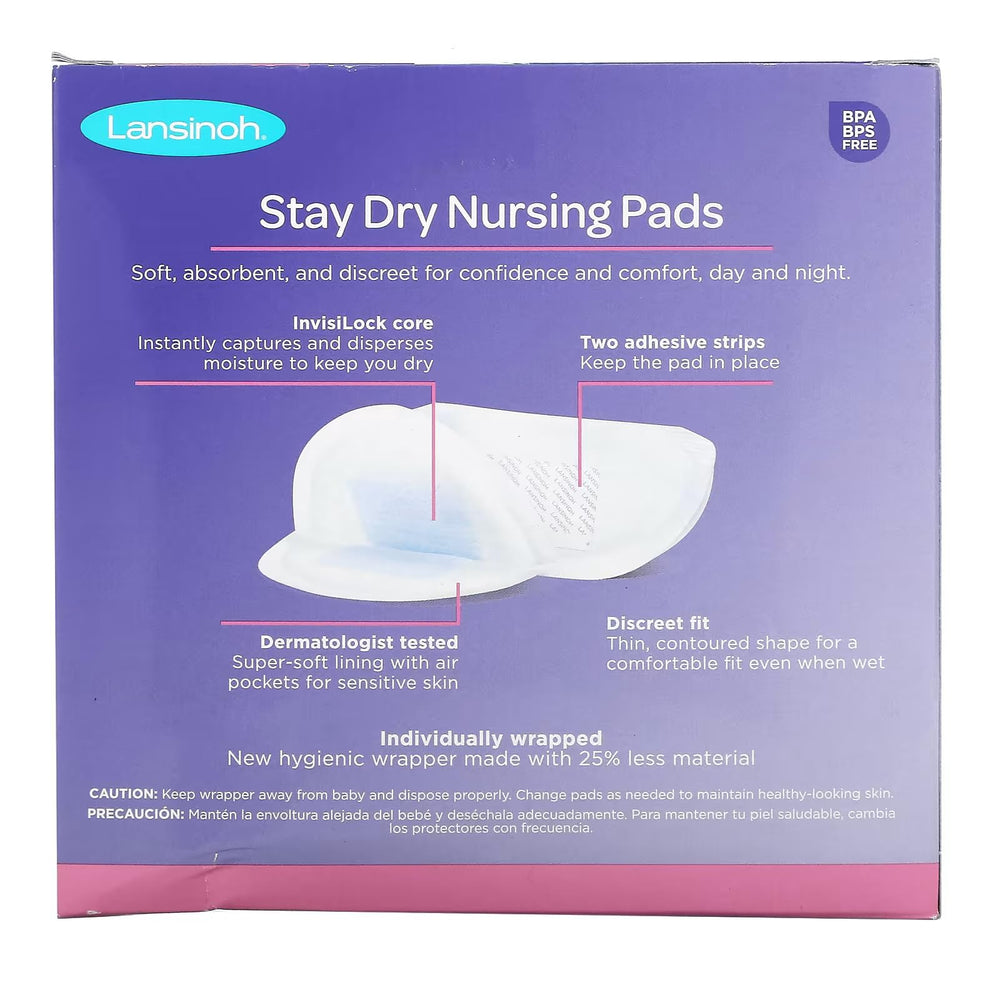 Lansinoh Stay Dry fragrance-free pads gentle for sensitive skin.