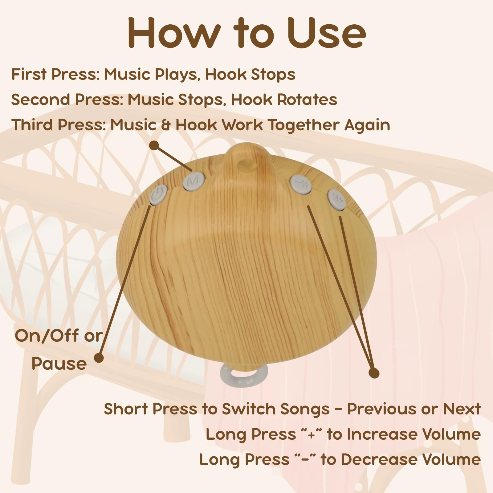 Lanttoe baby mobile control buttons for easy mode and volume adjustments
