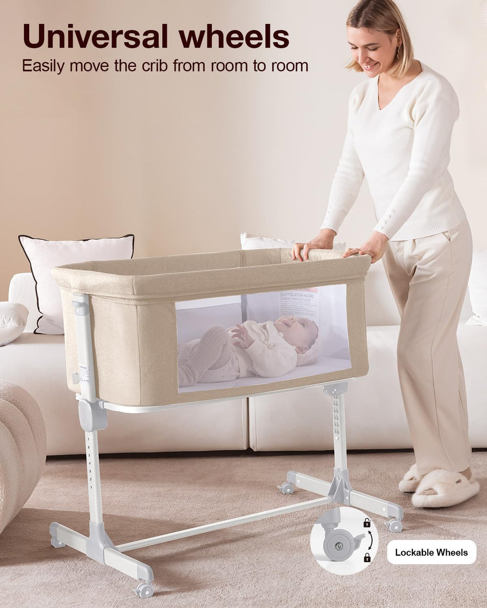 Larex Baby Bassinet 7-height adjustable aligns with most beds for convenient access.