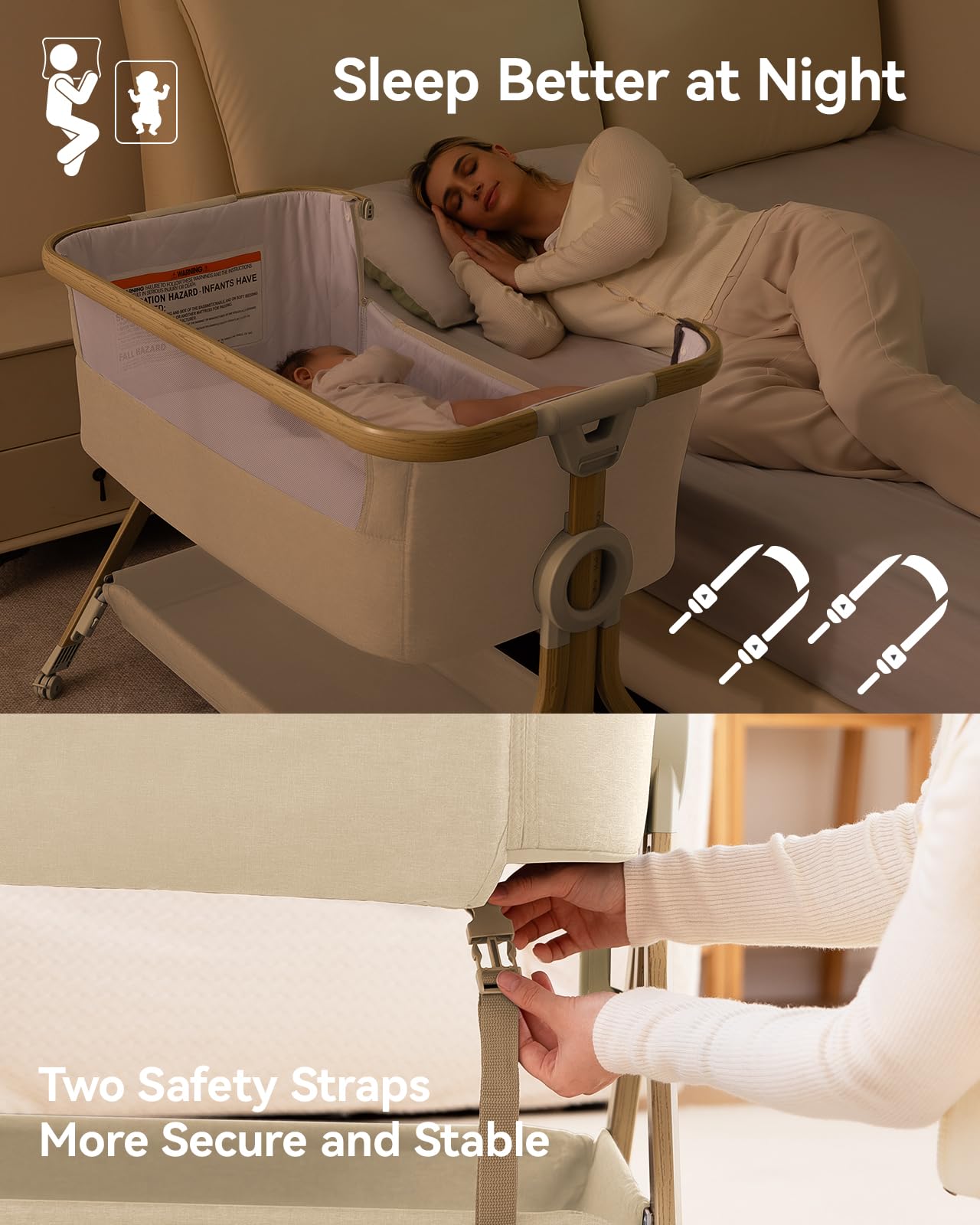 Larex Baby Bassinet height adjustment fits various beds for close proximity