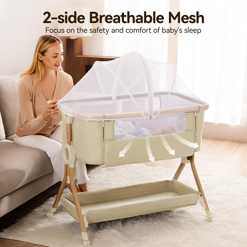 Larex Baby Bassinet khaki wood-tone design adds warm aesthetic