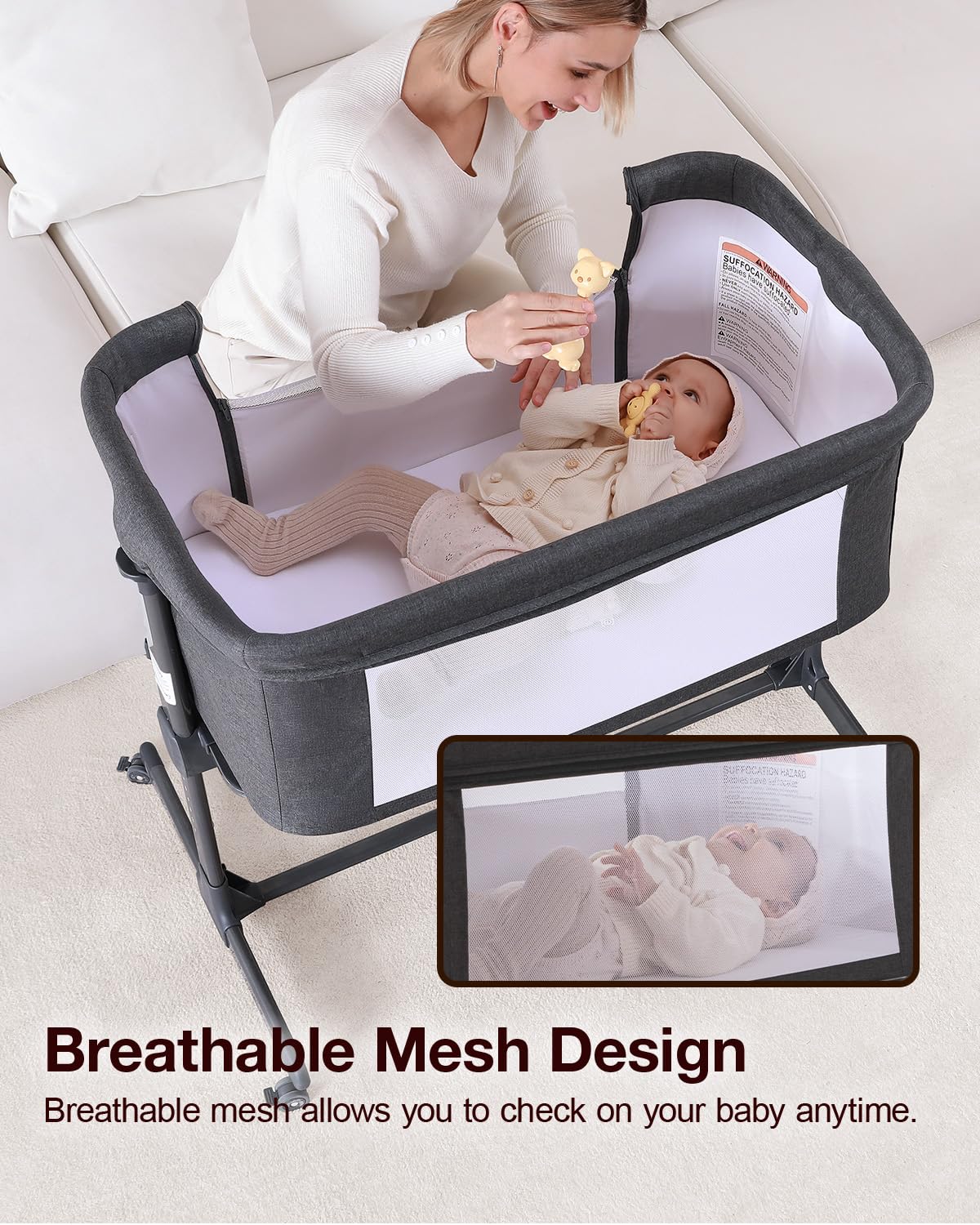 Larex Baby Bassinet mesh walls offer airflow and visibility