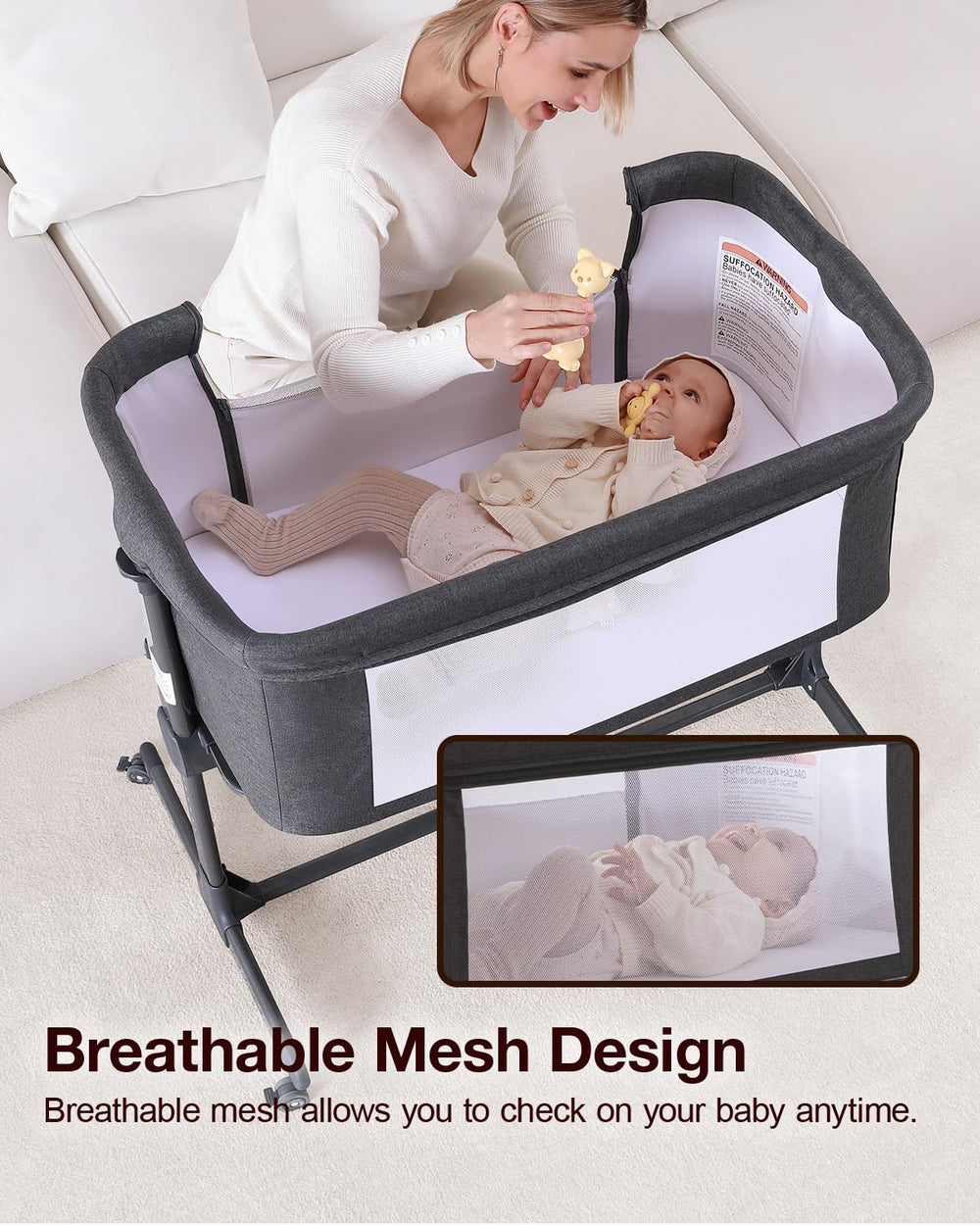 Larex Baby Bassinet mesh walls offer airflow and visibility