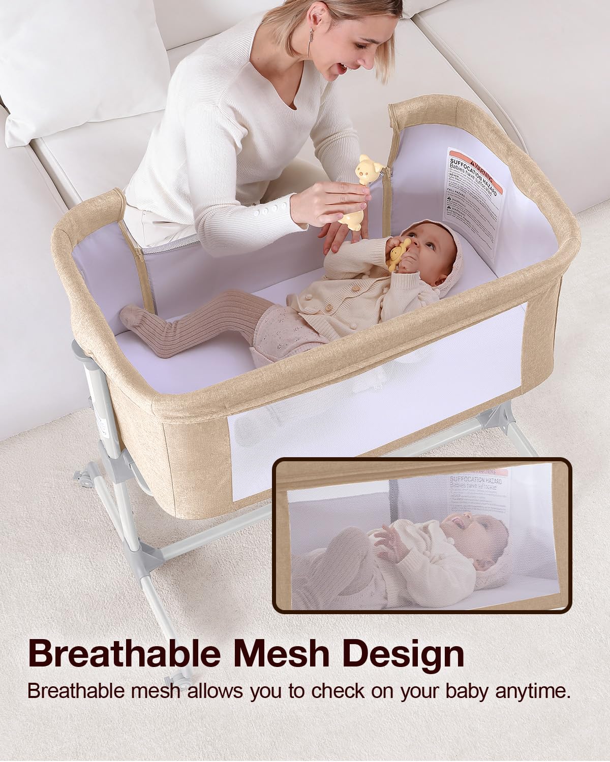 Larex Baby Bassinet silent wheels with brakes allow quiet moves and floor protection.