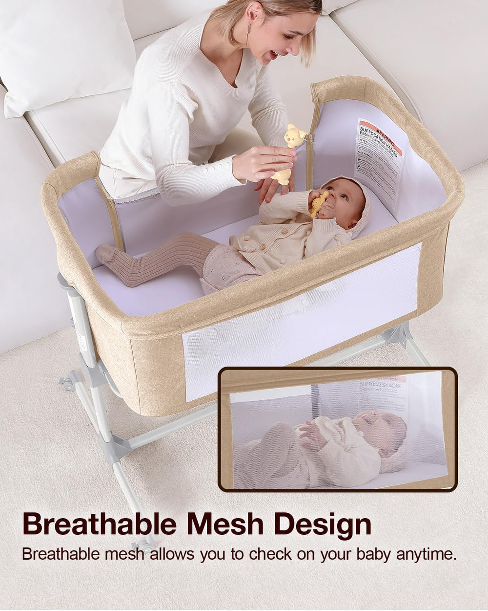 Larex Baby Bassinet silent wheels with brakes allow quiet moves and floor protection.