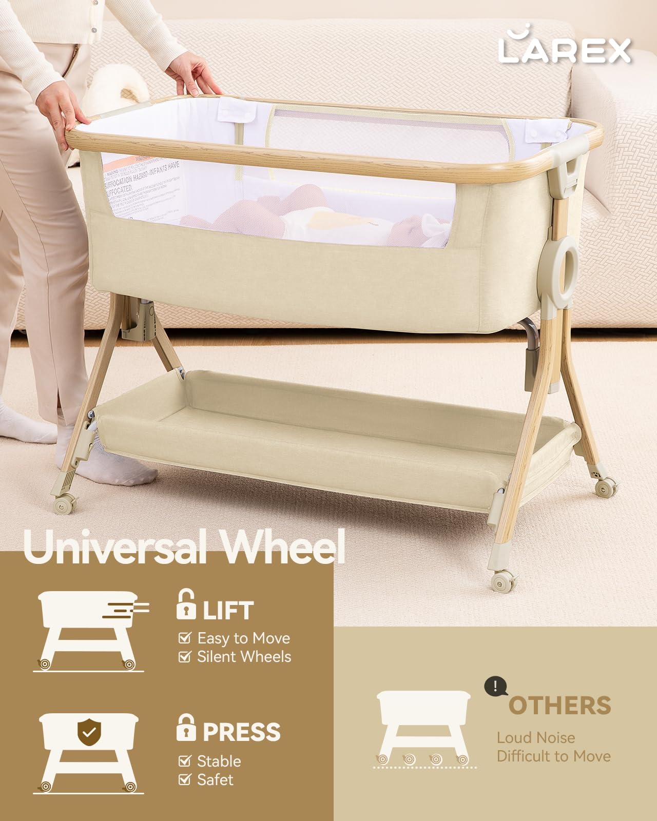 Larex Baby Bassinet can function as standalone or bedside sleeper