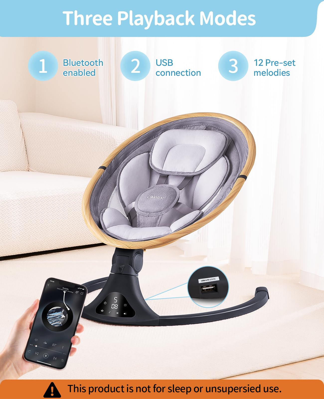 LAREX Baby Swing built-in melodies for soothing options.