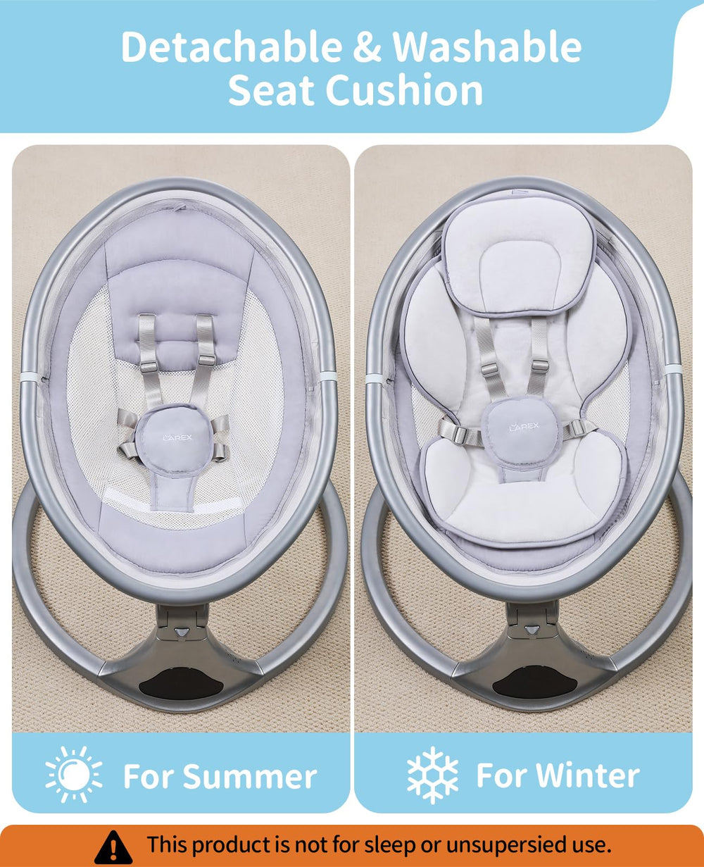 Larex baby swing 5-point harness emphasizes safety and secure positioning