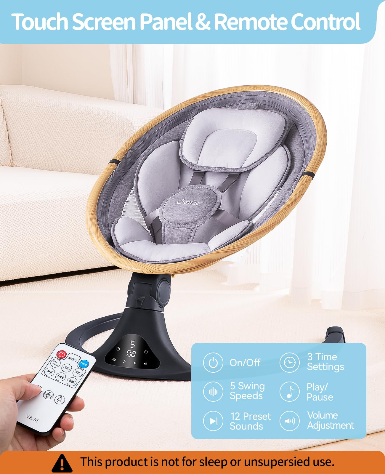 LAREX Baby Swing Bluetooth connectivity for personalized sounds.