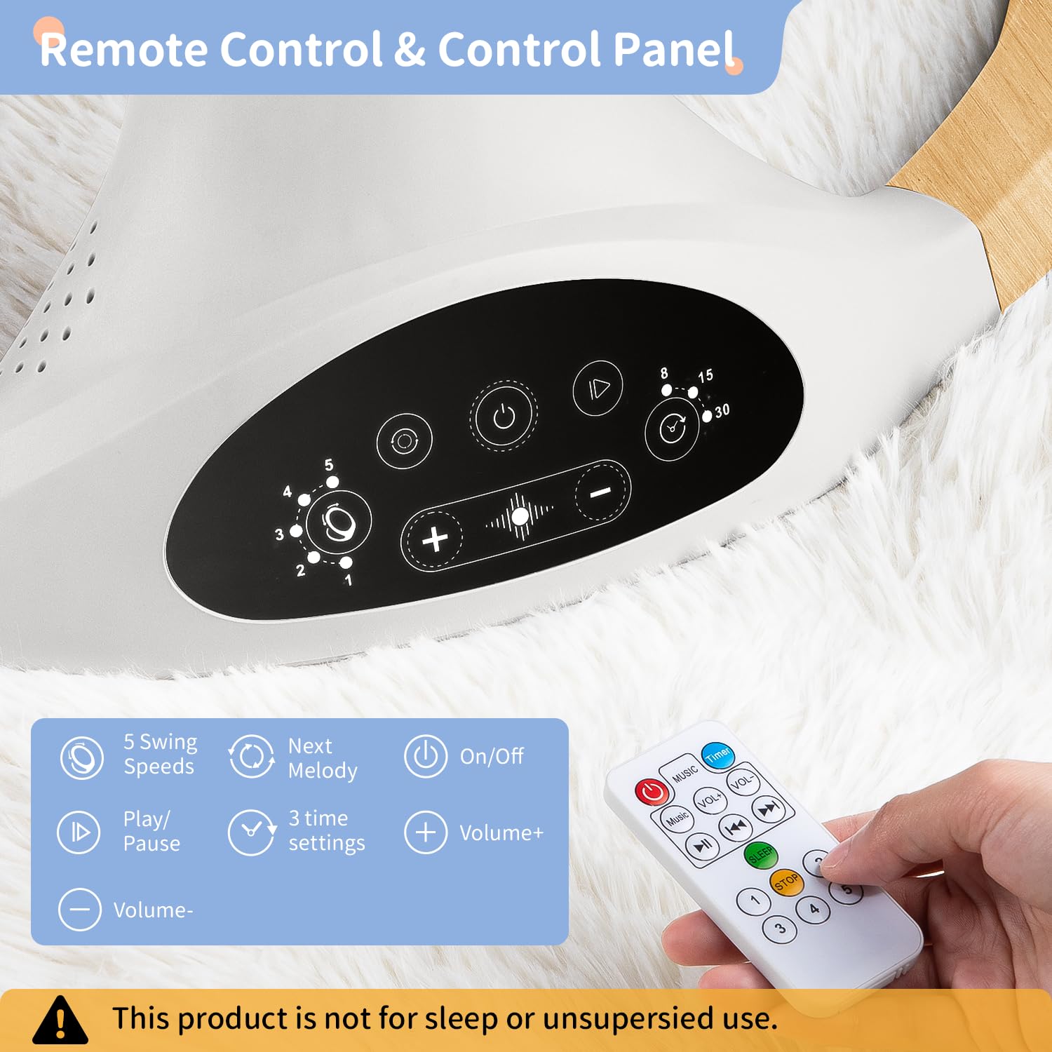 Larex baby swing control panel showcases 5 speeds for customizable motion.