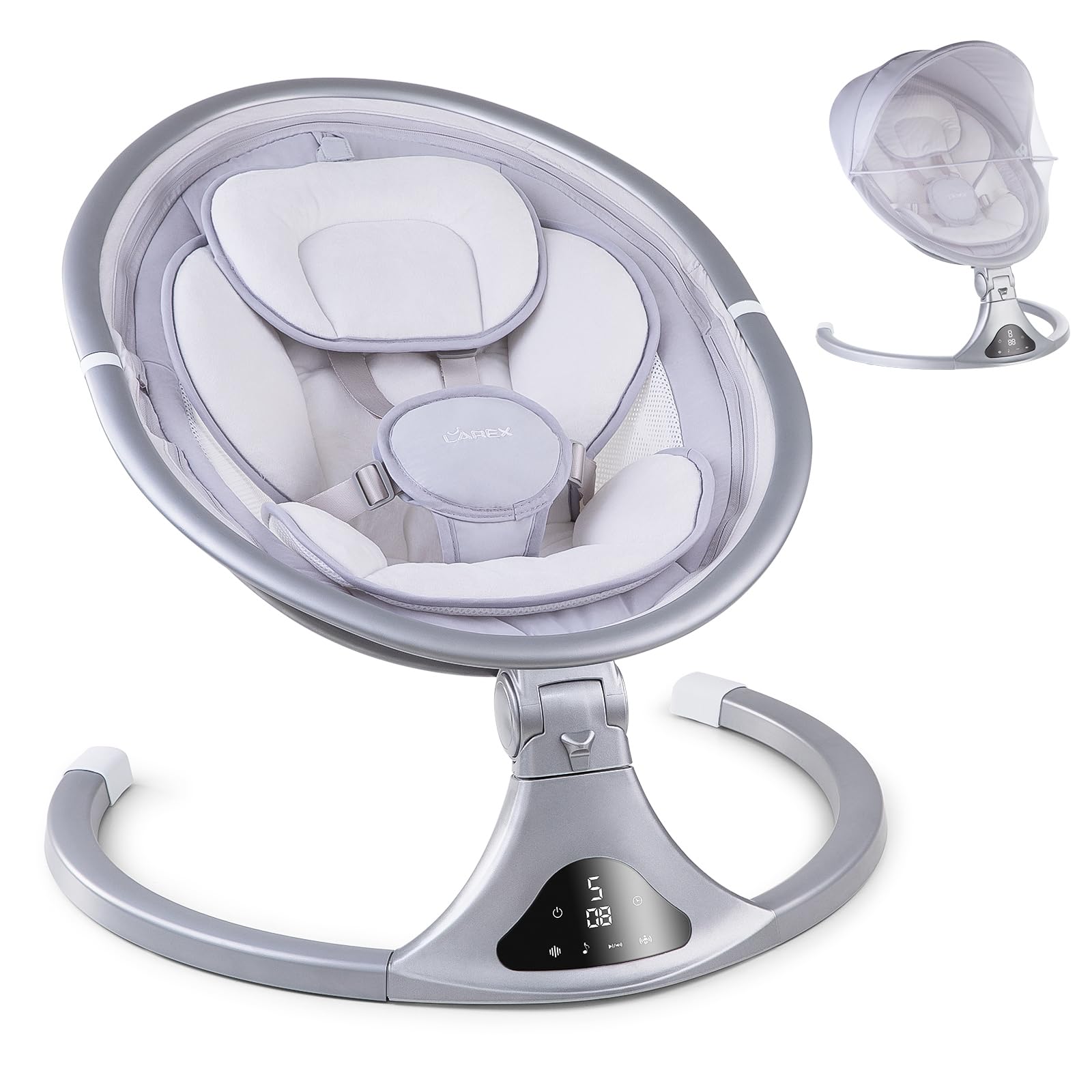 Larex baby swing front view showing compact, space-saving design for cozy nursery use