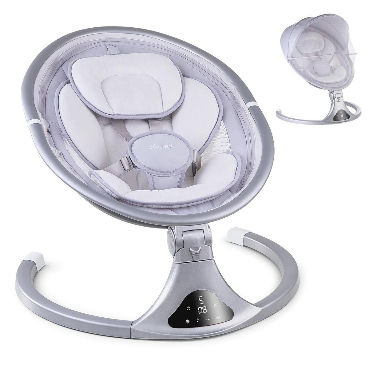 Larex baby swing front view showing compact, space-saving design for cozy nursery use