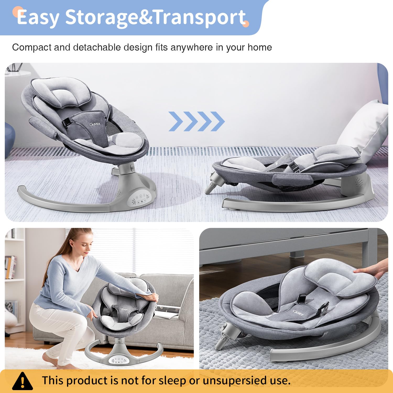 Larex baby swing gray baby-in-seat demonstrates supported suspension for tiny infants.