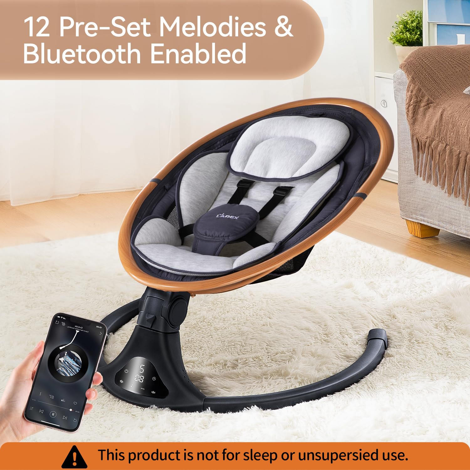 Larex baby swing gray Bluetooth connection enables personalized sounds