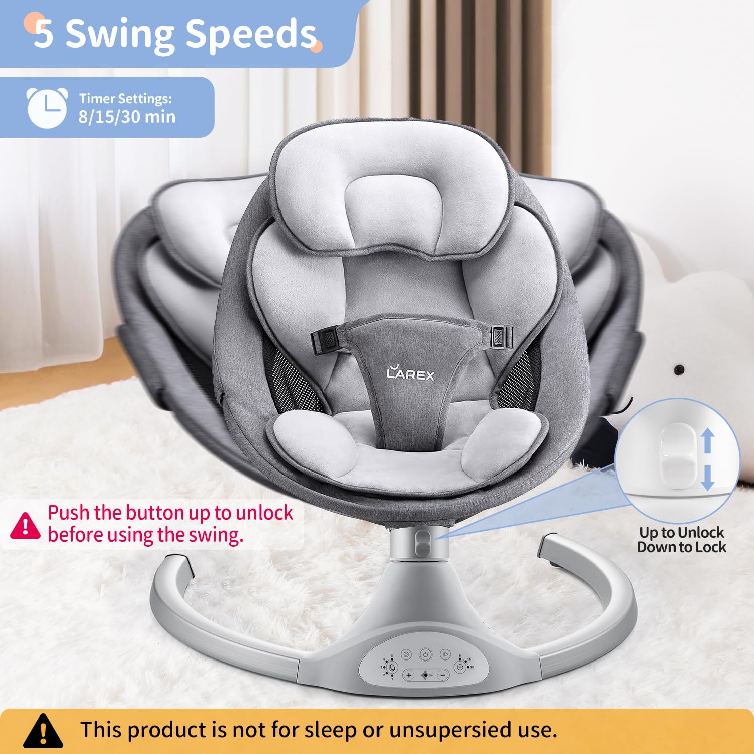 Larex baby swing gray control panel highlights easy touch operation and timer options.