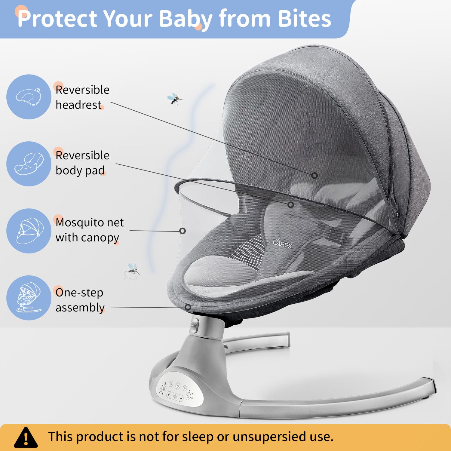 Larex baby swing gray mesh seat emphasizes breathable comfort in summer.