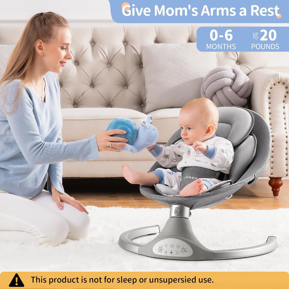 Larex baby swing gray remote control enables convenient 8, 15, or 30 minute sessions.