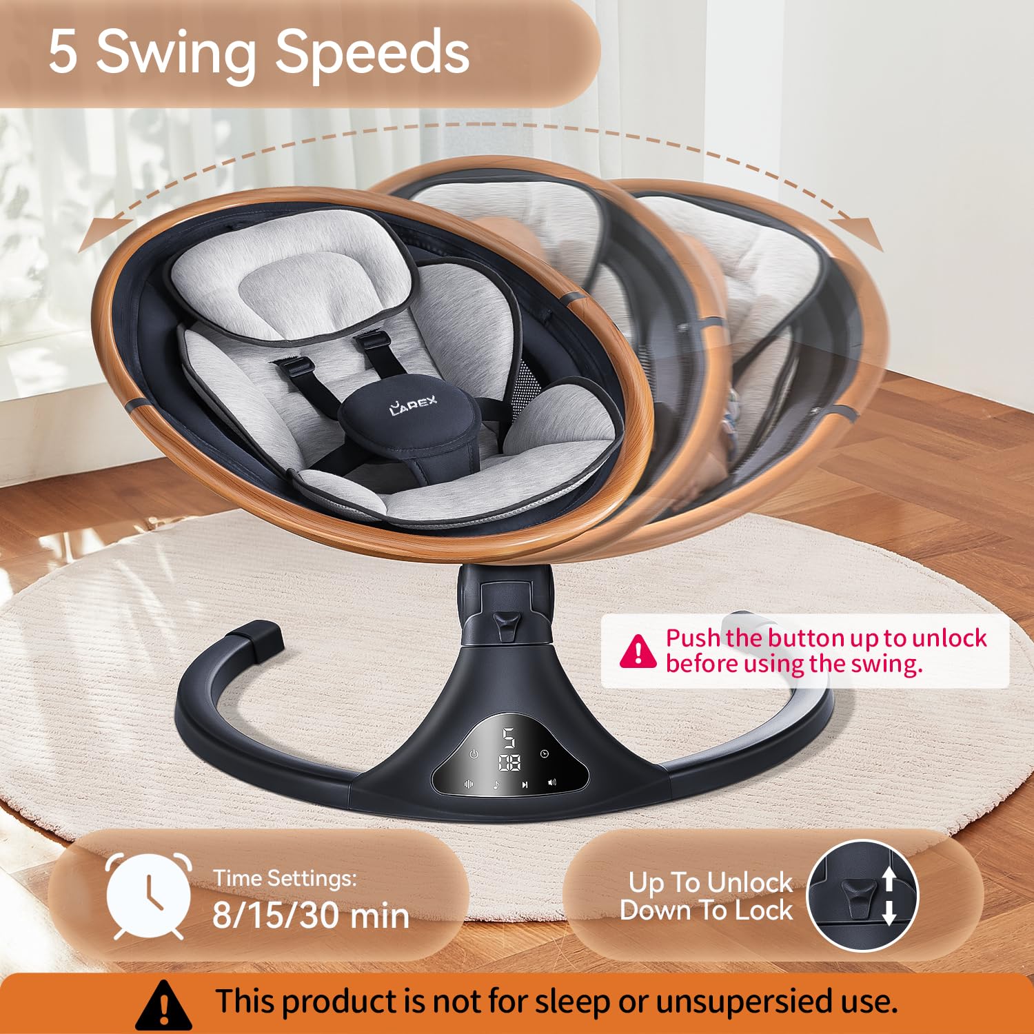 Larex baby swing gray seat with harness for secure seating