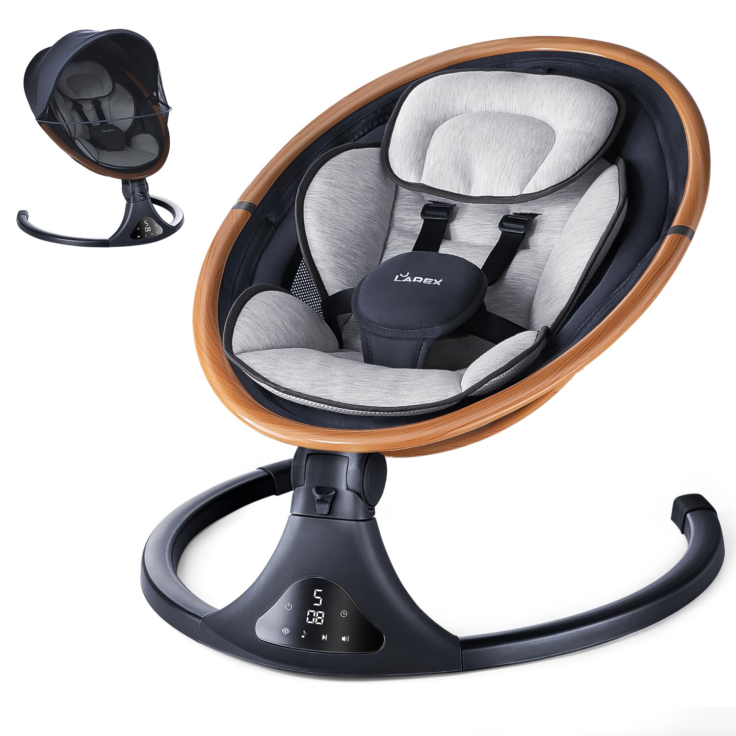 Larex baby swing gray side view highlighting compact profile for small spaces