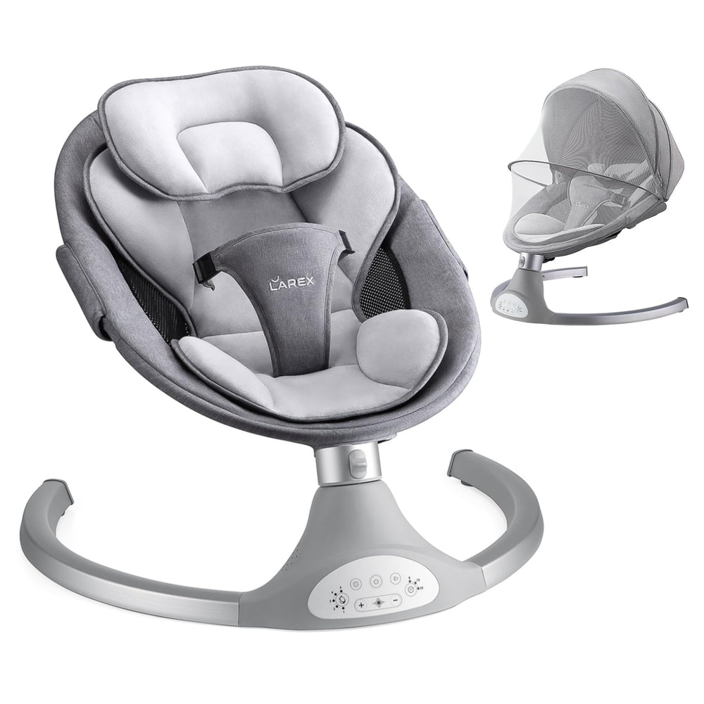 Larex baby swing gray side view demonstrates soothing 5-sway speeds for calm moments.