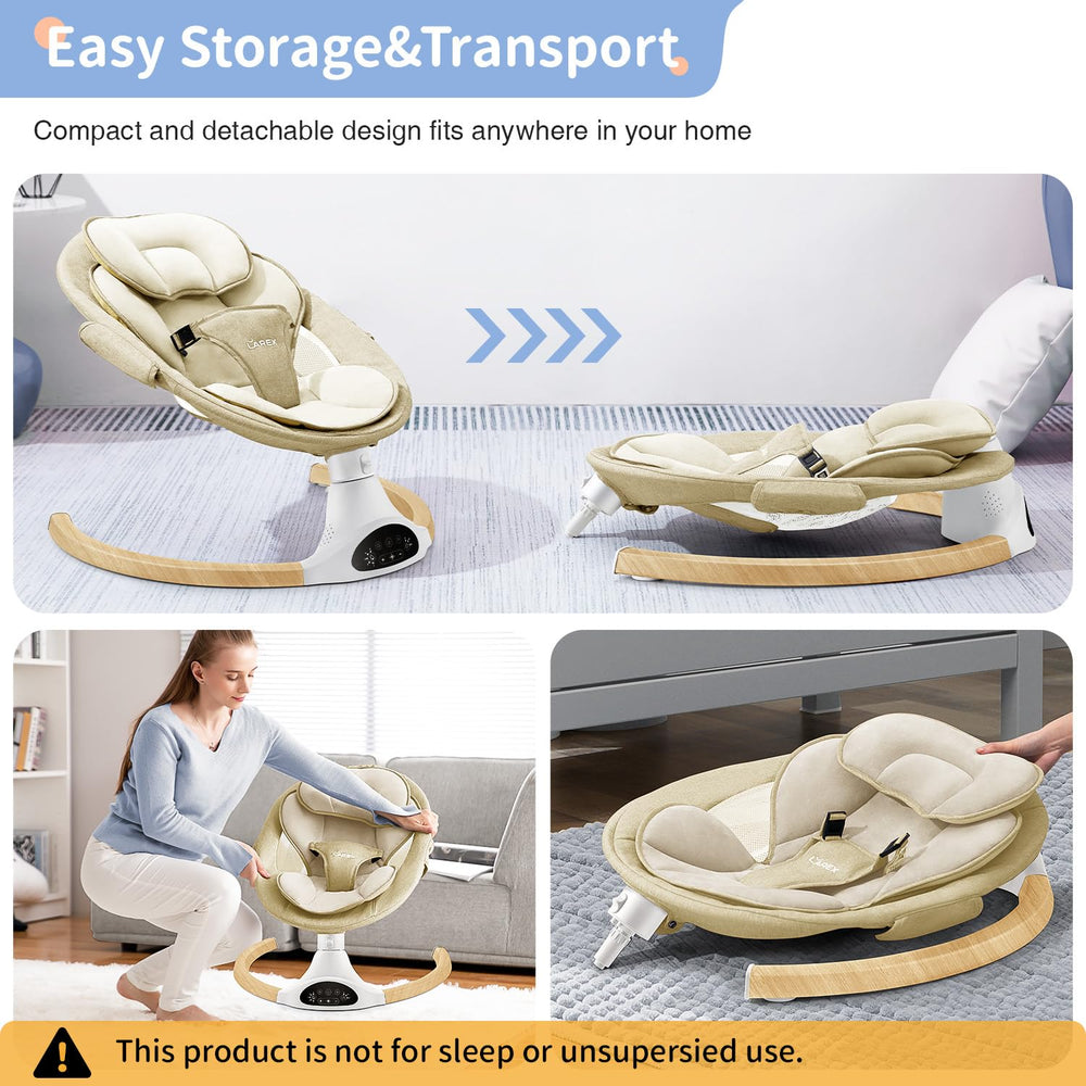 Larex baby swing harness closeup emphasizes secure 3-point harness for safe seating.