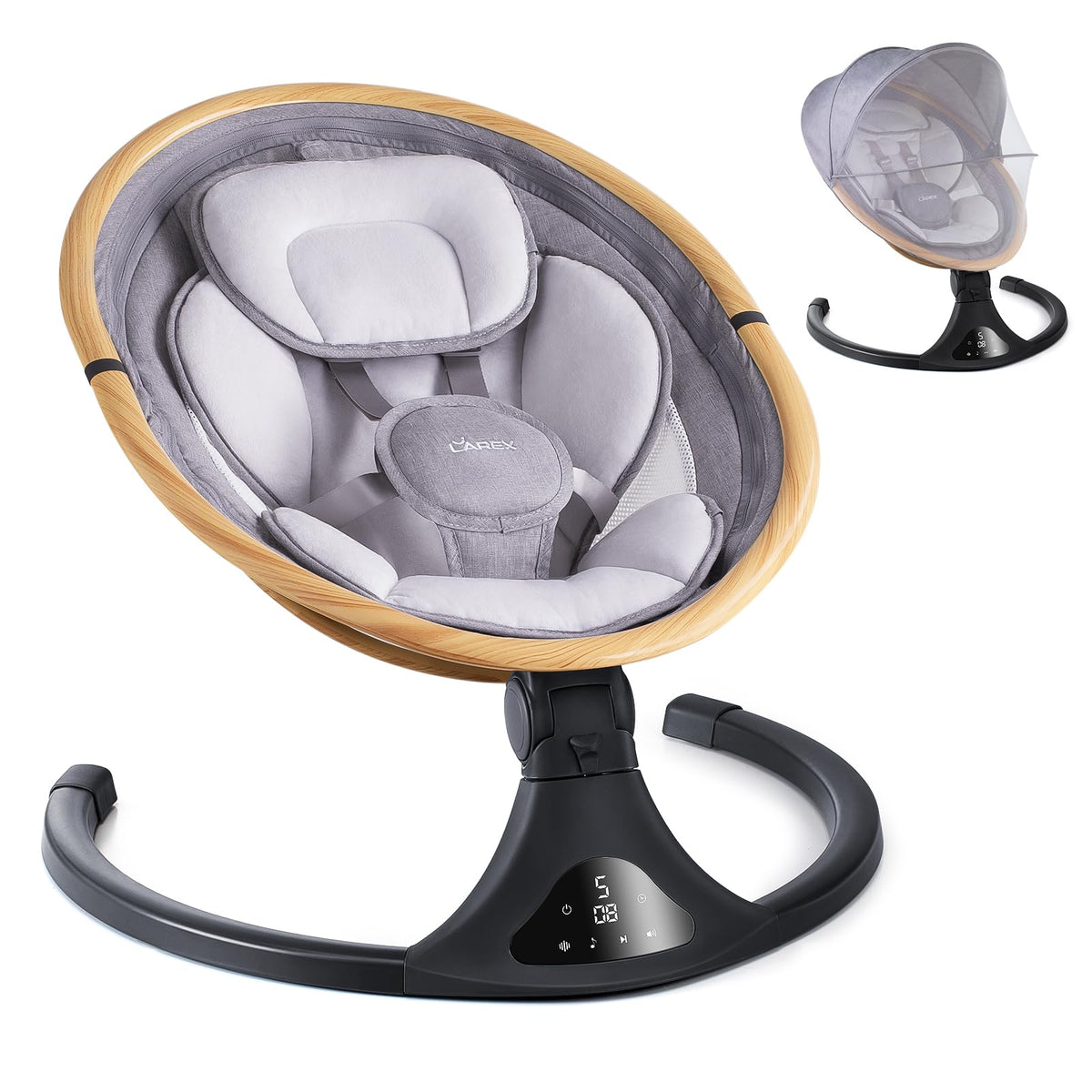 LAREX Baby Swing light wood exterior for portable soothing anywhere.