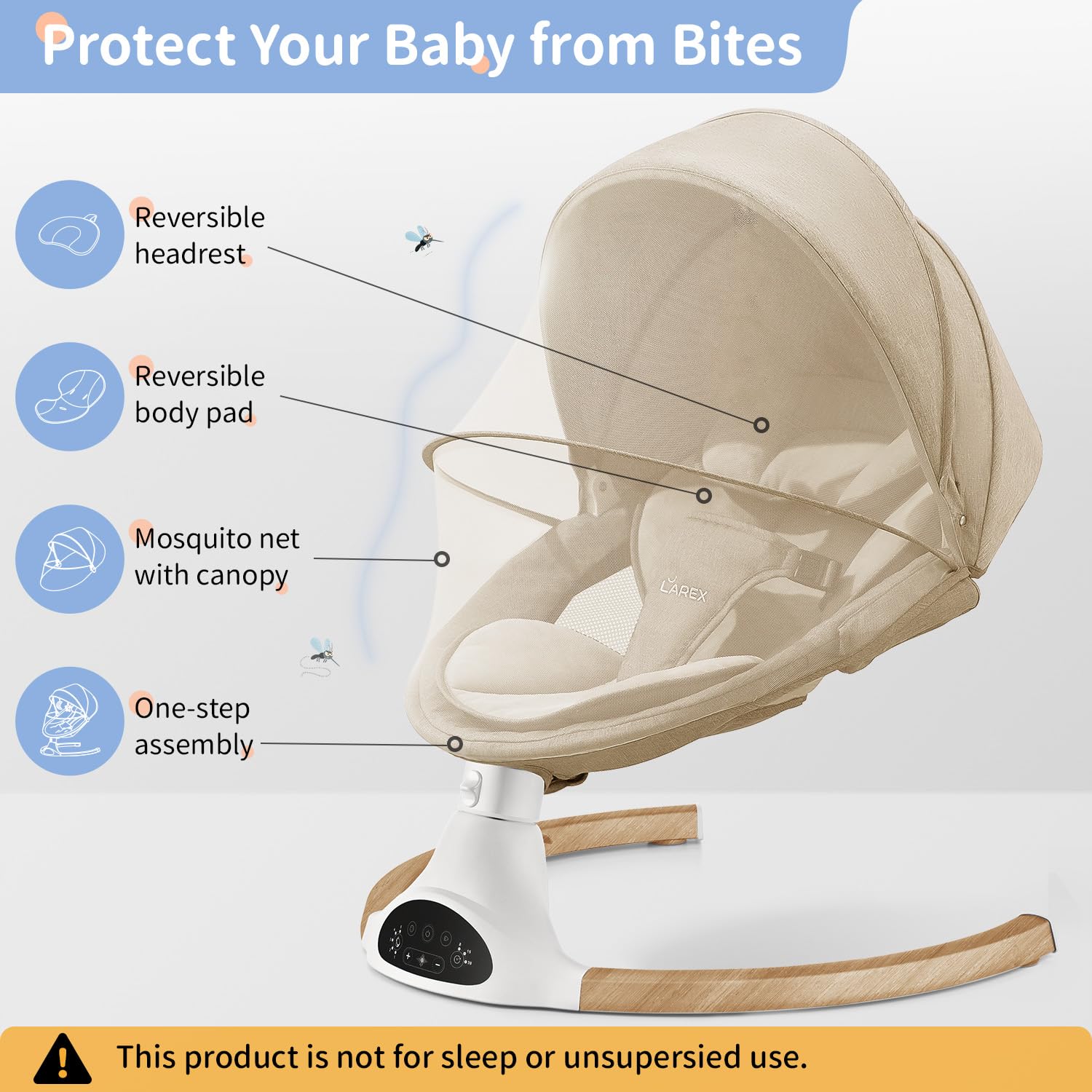 Larex baby swing plug-in adapter image shows battery-saving power option.