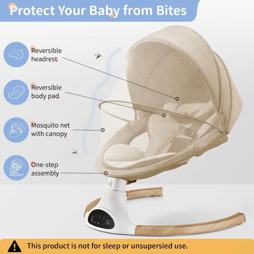Larex baby swing plug-in adapter image shows battery-saving power option.