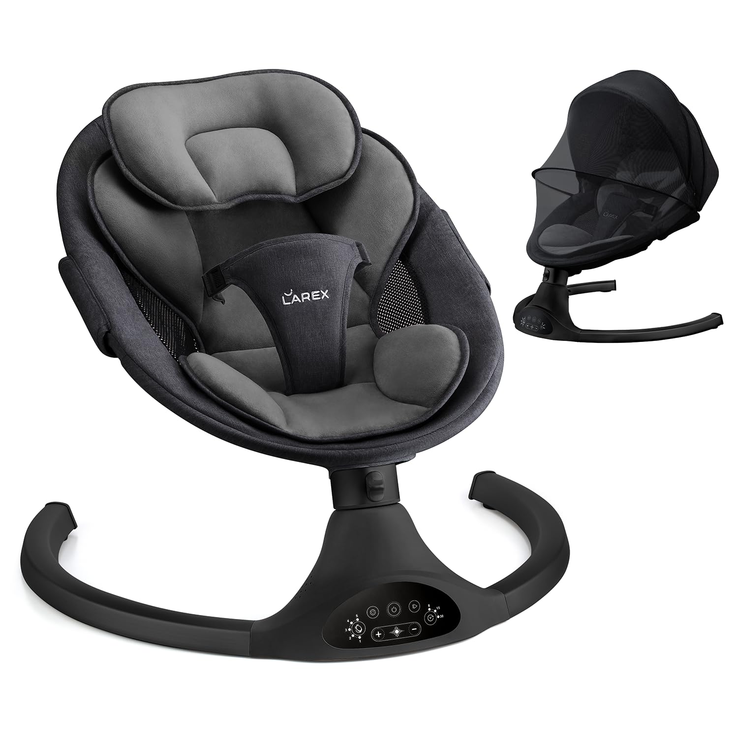 LAREX Baby Swing remote control enables easy speed and timer adjustments.