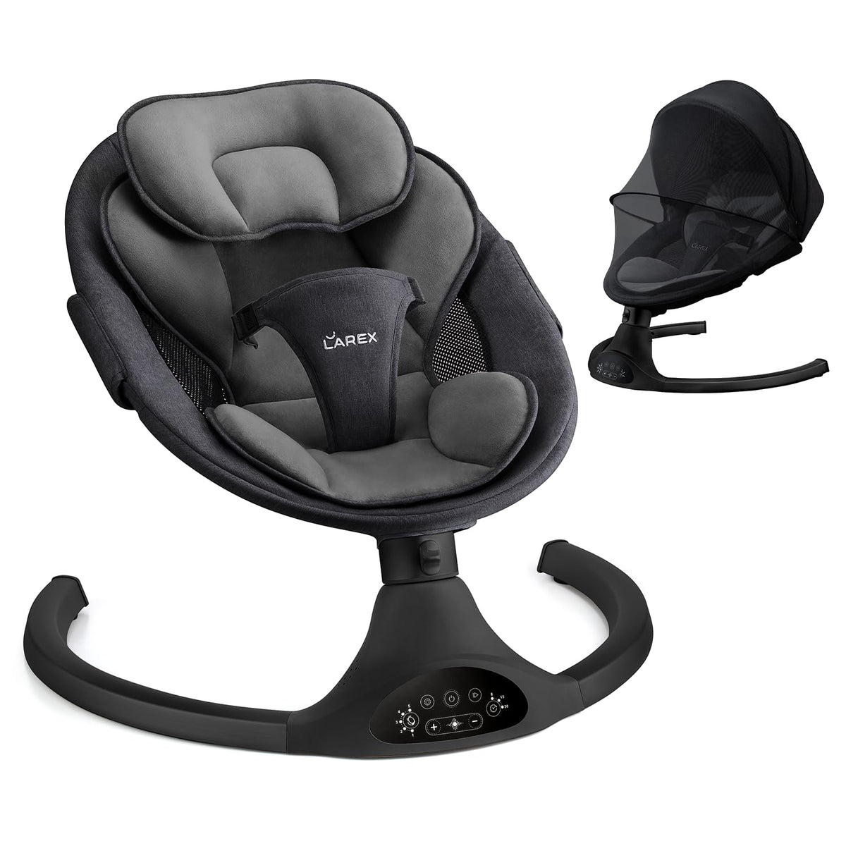 LAREX Baby Swing remote control enables easy speed and timer adjustments.