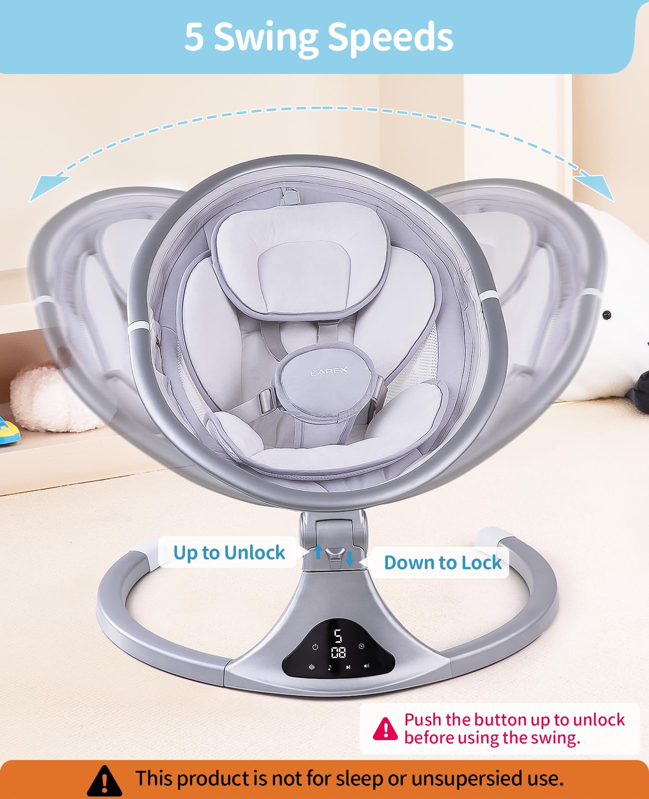 Larex baby swing seat closeup highlighting plush cushion and secure harness for comfort