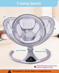 Larex baby swing seat closeup highlighting plush cushion and secure harness for comfort