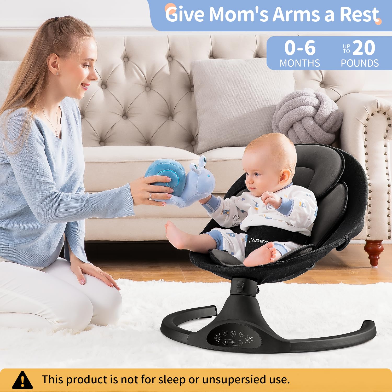 LAREX Baby Swing seat pad emphasizes plush comfort and easy washing.